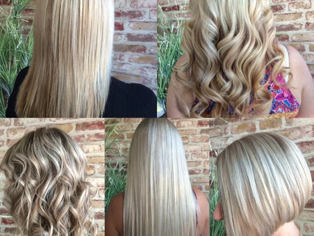 various images of blonde clients after cut, some short, some long, some wavy